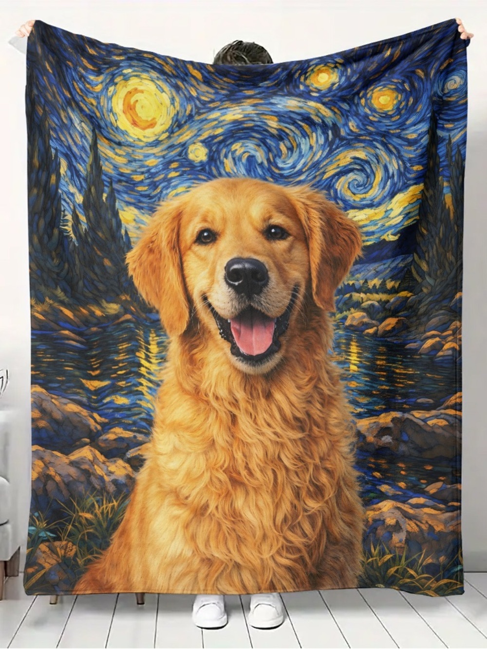 Golden Retriever Starry Night Throw Blanket - Vibrant Blue & Gold